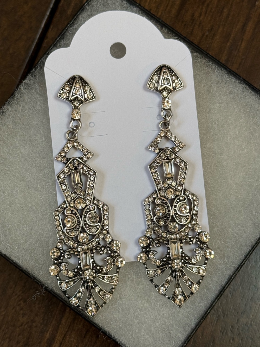 Vintage Silver Crystal Drop Earrings - Clear Rhinestones